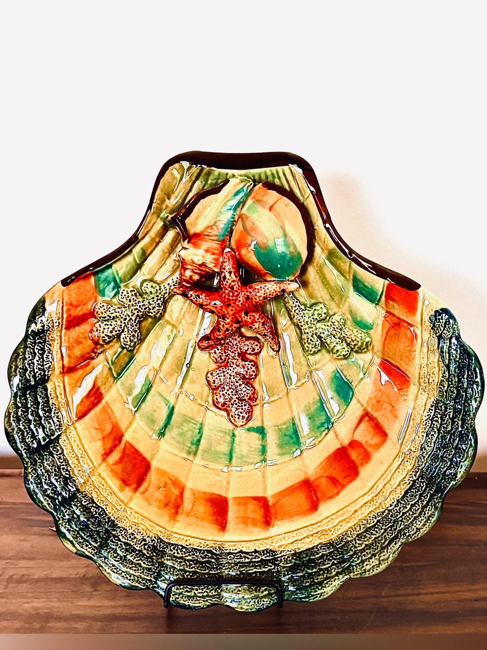 Vintage Scallop Majolica Pottery Bowl Art Nouveau Handmade Starfish Corral Shell